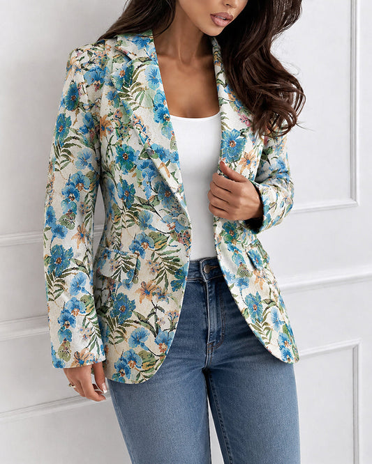 Women's Vintage Floral Jacquard Blazer Elegant Single Breasted Lapel Collar Coat