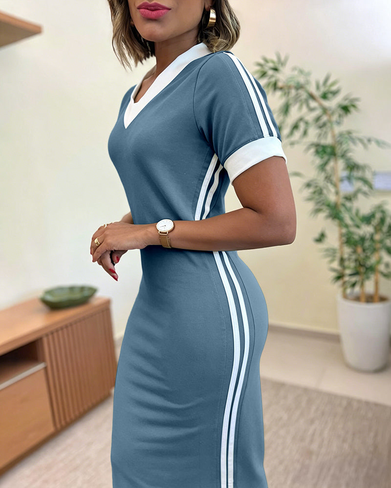 Women's Side Contrast Stripe V-Neck Dress Short Sleeve Slim Fit Casual Dress