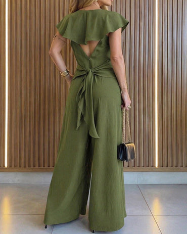 V-Neck Adjustable Spaghetti Straps Backless Overalls Casual Zipper Back Wide Leg Jumpsuit with Convertible Ruffles Tie Panel