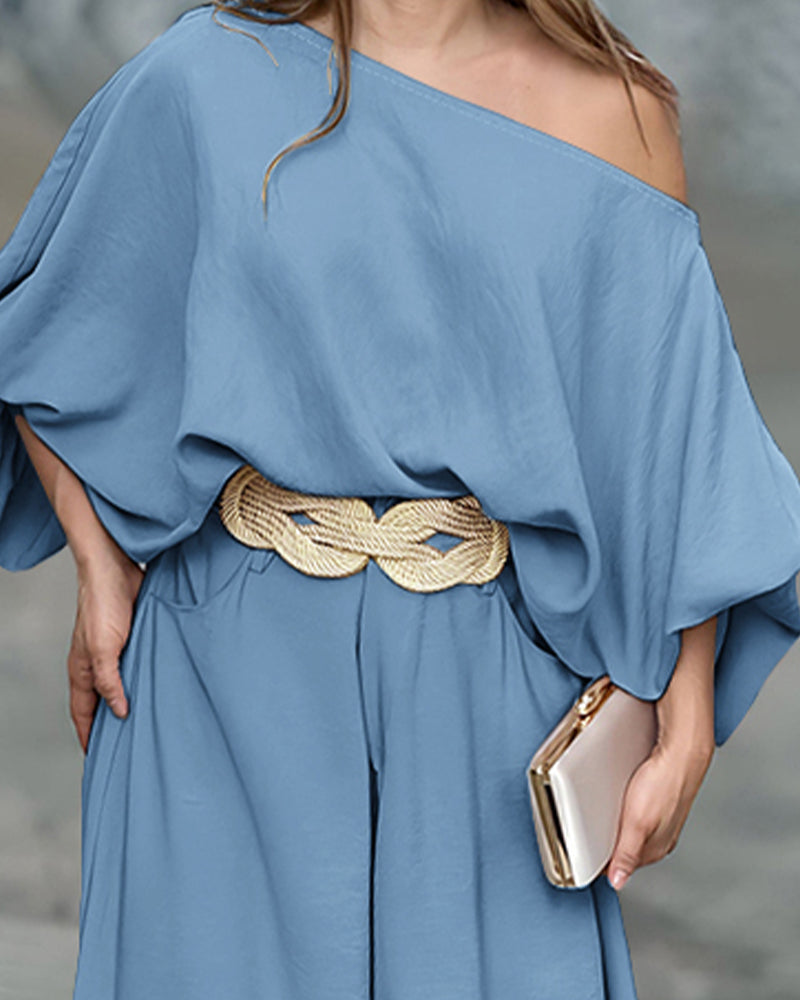 2 Pieces Outfit Turn-down Coll Long Sleeve Button Front Satin Shirt and Casual Vintage Floral Print Elastic Back Waist Wide Leg Pants Set without Belt