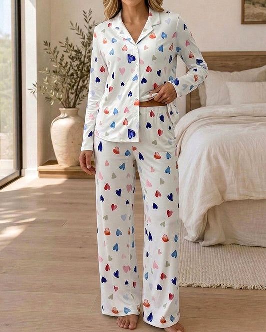 Women's Colorful Heart Print 2 Piece Pajama Set Long Sleeve Button Down Top and High Waisted Pants Casual Lounge Sets
