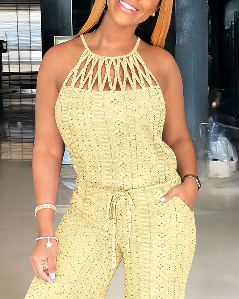 ChicMeLive Women's Halter Tie Knit Jacquard Jumpsuit Hollow-Out Criss-Cross Front Wide-Leg Romper with Adjustable Drawstring Waist