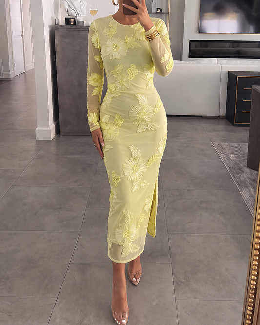Women's 3D Floral Embroidered Mesh Midi Dress Sexy Sheer Long Sleeve Bodycon Dress Elegant Slit Cocktail Party Gown
