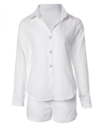 2 Pieces Outfit Turn Down Collar Button Front Eyelet Embroidery Top And Casual Elastic Waist Shorts Set With Lining