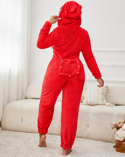 3D Ear Buttoned Flap Functional Fluffy Lounge Jumpsuit