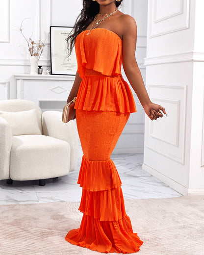 Layered Ruffle Shirred Slim Fit Strapless Dress Textured Maxi Party Dress