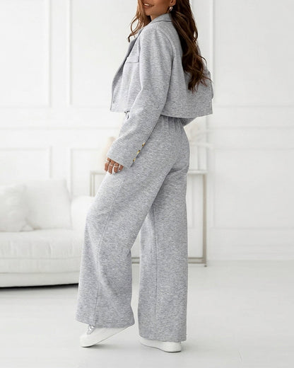 CHICME Women's 2-Piece Set Casual Cropped Blazer and High Waist Wide Leg Pants Set Relaxed Fit Suit Outfits
