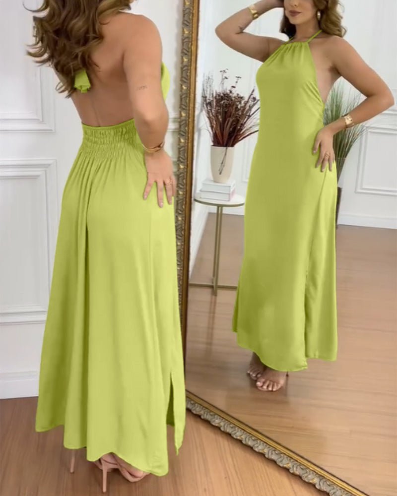 Halter Sleeveless Backless Maxi Dress Casual Shirred Back Side Slit Vacation Dress
