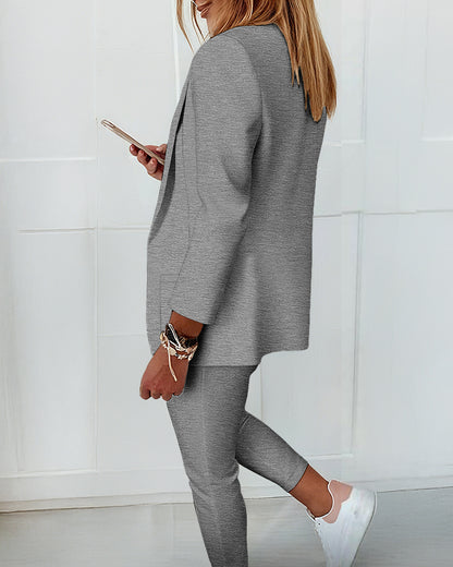 2 Pieces Outfit Shawl Collar Single Breasted Pockets Design Blazer Coat and Drawstring Elastic Waist Slim Fit Pants Set