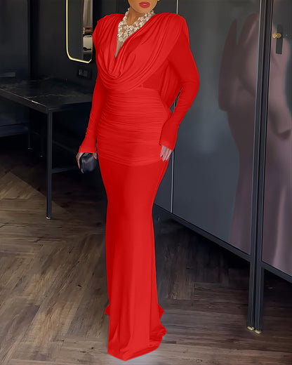 Cowl Neck Ruched Zipper Back Slim Fit Maxi Dress Casual Padded Shoulders Backless Evening Dress
