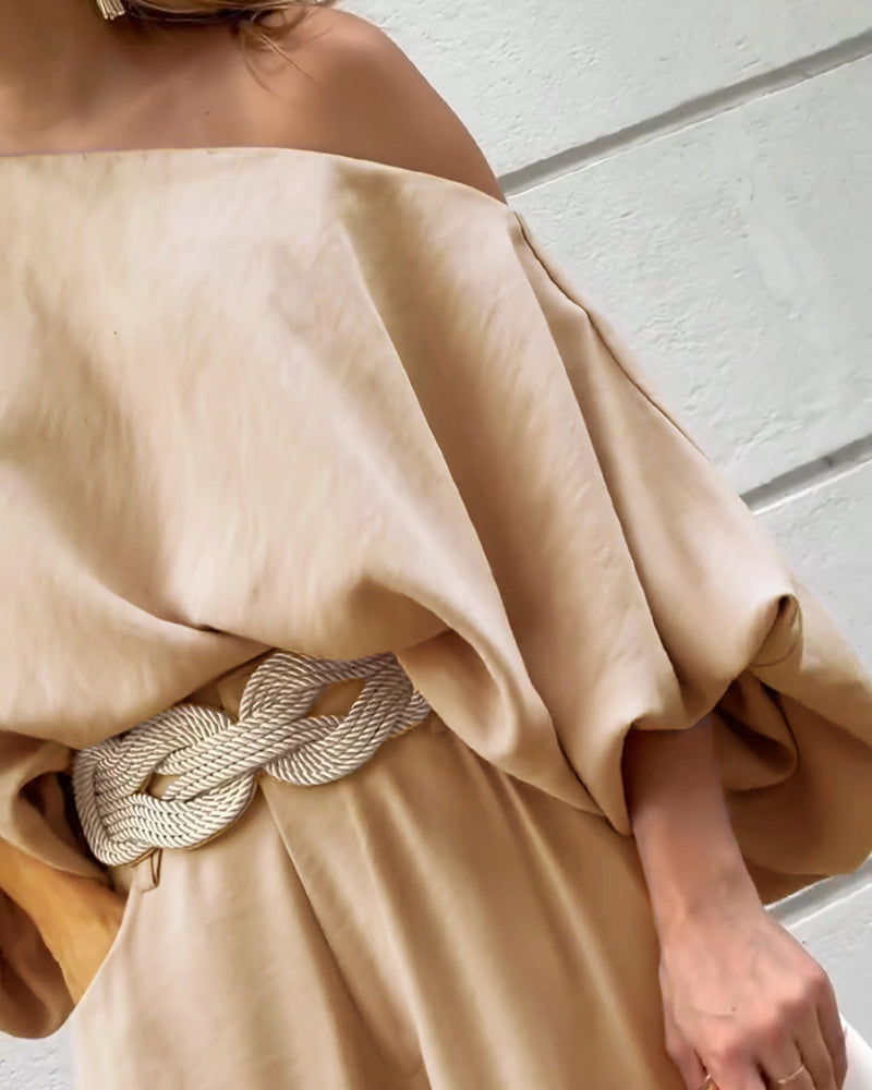 Skew Neck Lantern Sleeve Loose Top & Zipper Fly Wide Leg Pants Set without Belt