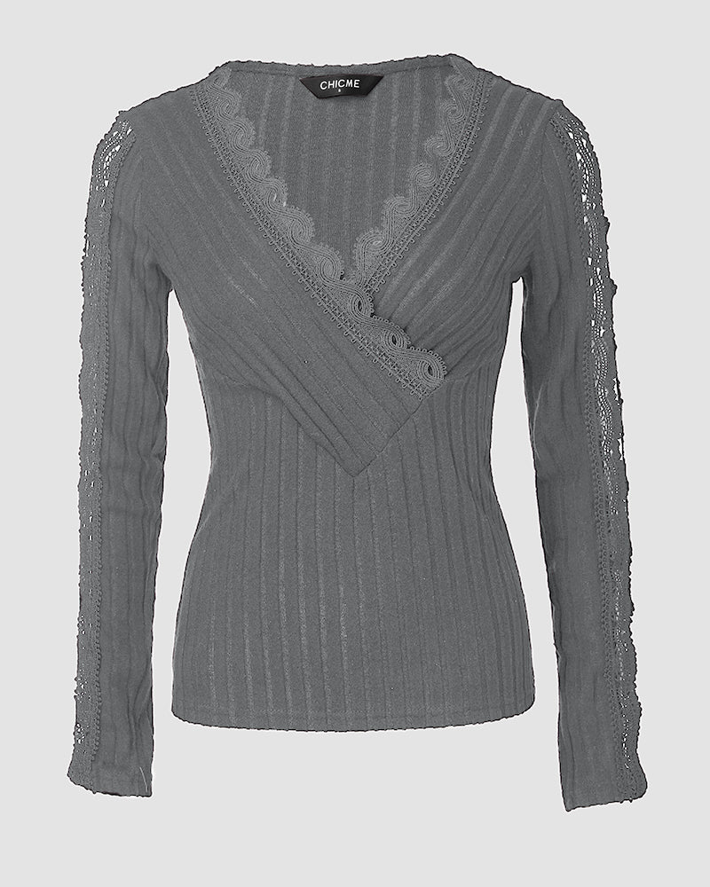Overlap V-Neck Lace Trim Hollow-out Long Sleeve Tee Slim Fit Ribbed Layering Top