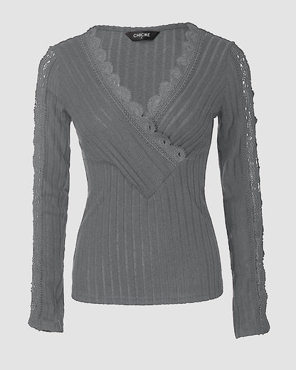Overlap V-Neck Lace Trim Hollow-out Long Sleeve Tee Slim Fit Ribbed Layering Top