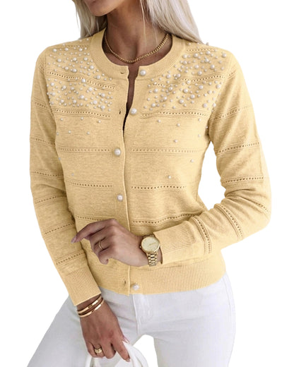 CHICMELIVE Womens Pearl Beaded Knit Cardigan Long Sleeve Cropped Sweater