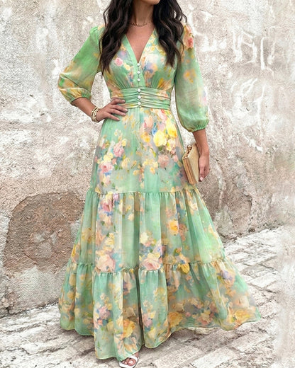 ChicMeLive Women's Watercolor Floral V-Neck Shirred High Waist Maxi Dress Three Quarters Lantern Sleeve A-Line Ruffle Hem Chiffon Vacation Dress
