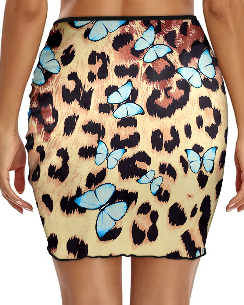 Women's Butterfly Leopard Print Slim Fit Swim Skirt Side Drawstring Ruched Sheer Mesh Bikini Beach Skirt