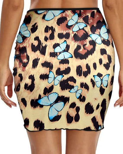 Women's Butterfly Leopard Print Slim Fit Swim Skirt Side Drawstring Ruched Sheer Mesh Bikini Beach Skirt