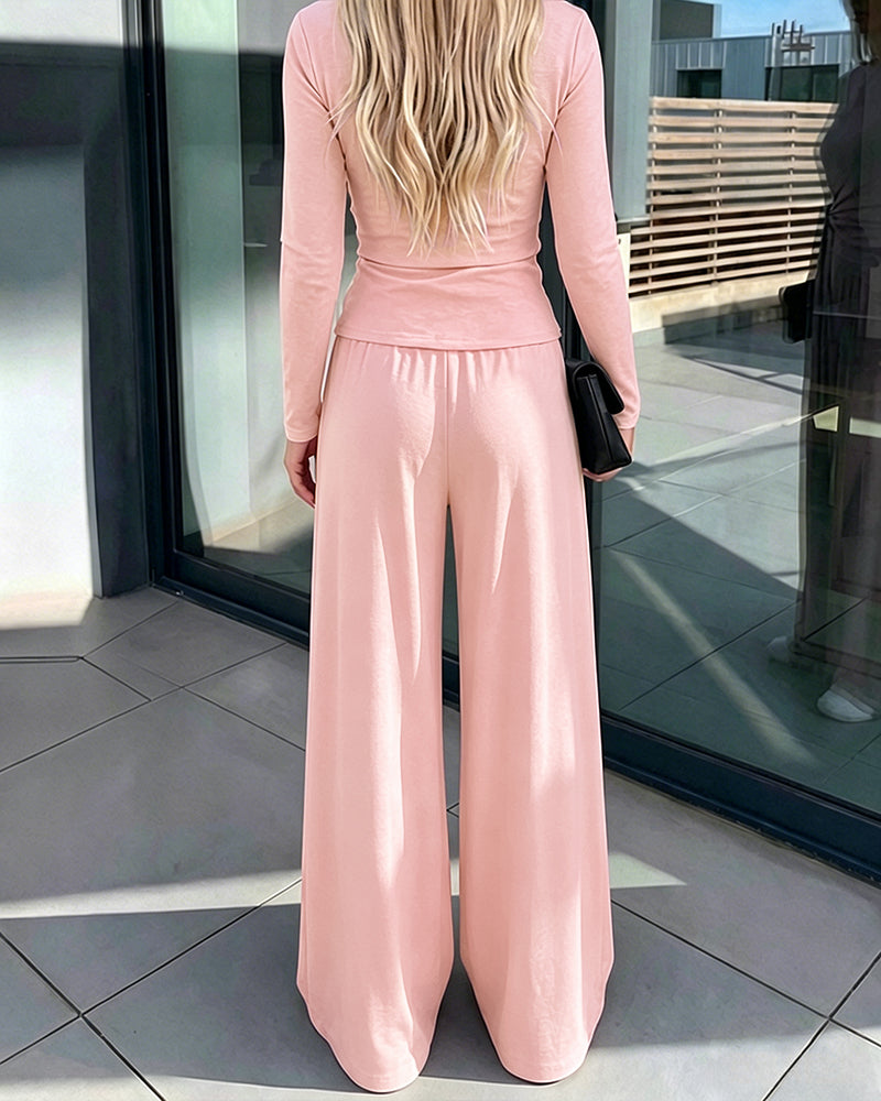 Women's 2 Piece Knit Lounge Set Long Sleeve Tie Waist Top and High Waisted Wide Leg Pants Casual Soft Sweatsuit with Pockets