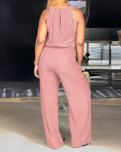 Women's Halter Jumpsuit Lace Trim Backless Overalls Tied Detail Wide Leg Jumpsuit with Pockets