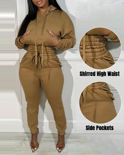 2 Pieces Outfit Drop Shoulder Kangaroo Pocket Stretchy Hem Crop Drawstring Hoodie Sweatshirt and Drawstring Elastic Waist Jogger Sweatpants Casual Tracksuit