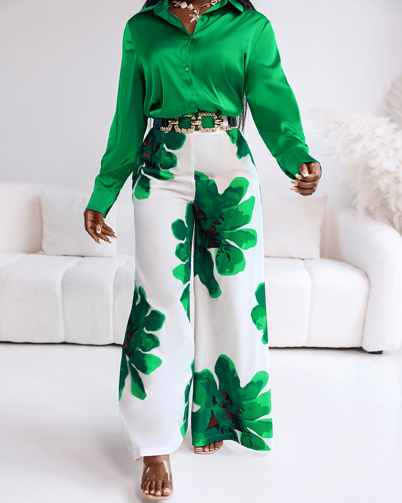 2 Pieces Outfit Long Sleeve Satin Blouse and Casual Floral Print High Waist Wide Leg Pants Set