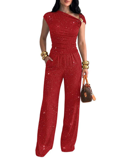 CHICMELIVE Women's Glitter 2 Piece Set One Shoulder Top Wide Leg Pants