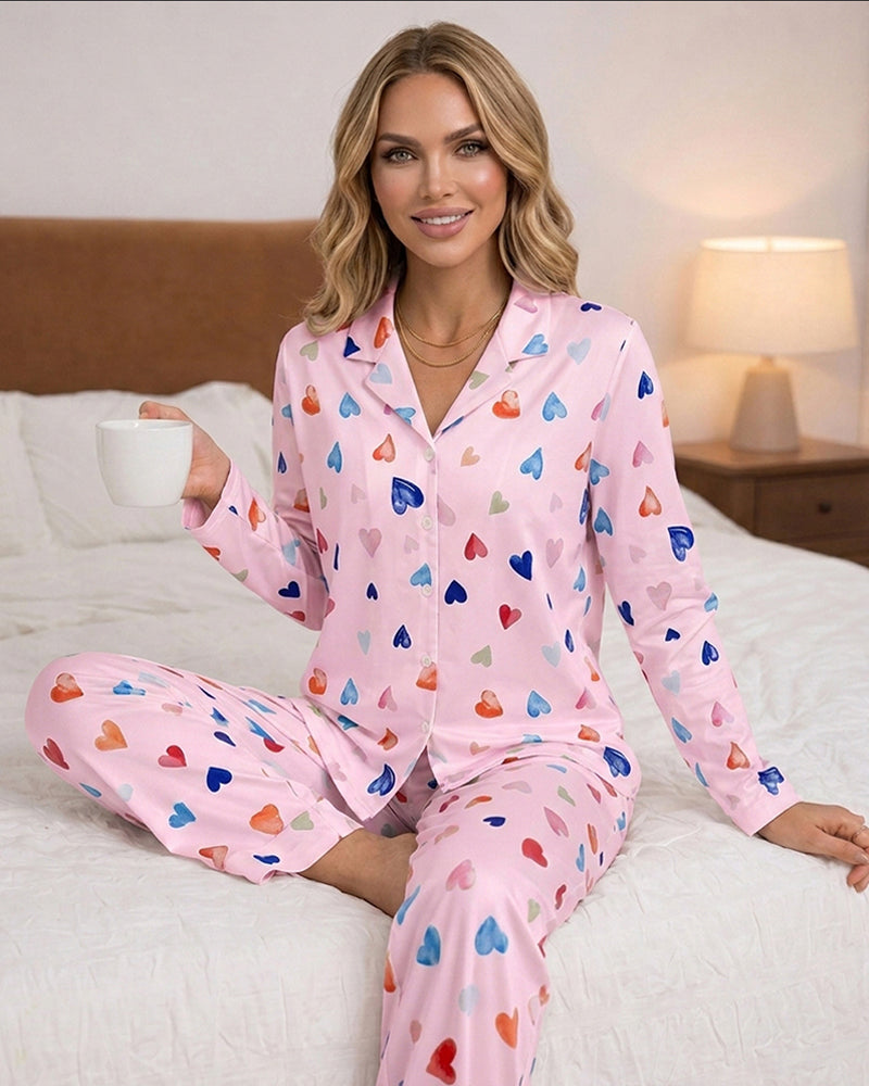 Women's Colorful Heart Print 2 Piece Pajama Set Long Sleeve Button Down Top and High Waisted Pants Casual Lounge Sets