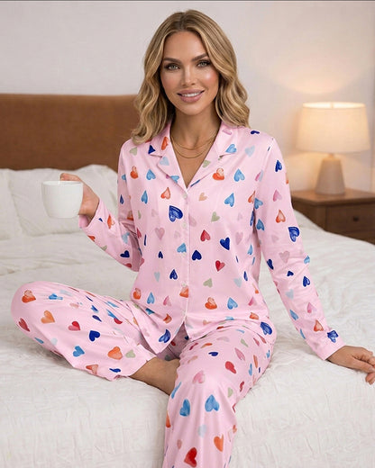 Women's Colorful Heart Print 2 Piece Pajama Set Long Sleeve Button Down Top and High Waisted Pants Casual Lounge Sets