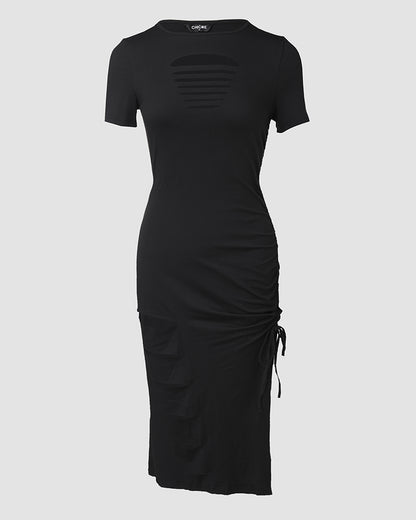 O-neck Short Sleeve Solid Color Cut-Out Ruched Drawstring Bodycon Dress with Side Slit