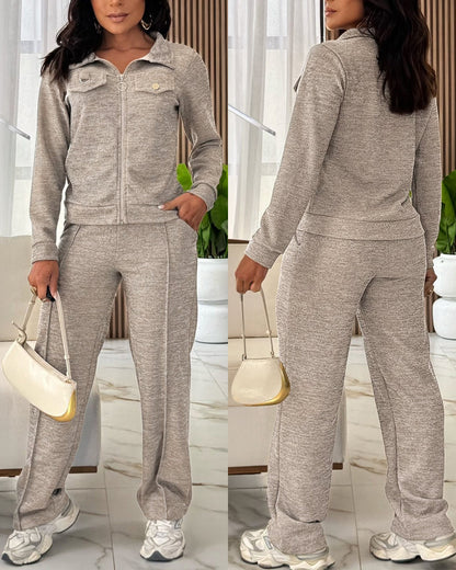 Women's Casual Tracksuit Set Zip Up Long Sleeve Lapel Jacket and High Waisted Straight Leg Pants Lounge Set with Pockets