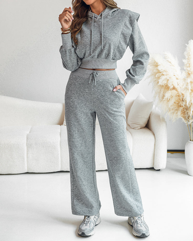 2-teiliges Outfit, langärmliges, kurzes Kapuzenpullover-Sweatshirt mit Kordelzug, Bündchen mit Daumenlöchern und lässigem Jogginghosen-Set mit Kordelzug und elastischer Taille mit weitem Bein 
