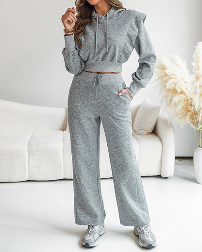 2-teiliges Outfit, langärmliges, kurzes Kapuzenpullover-Sweatshirt mit Kordelzug, Bündchen mit Daumenlöchern und lässigem Jogginghosen-Set mit Kordelzug und elastischer Taille mit weitem Bein 