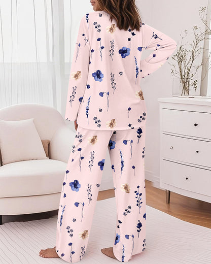 2 Pieces Outfit Floral Print Long Sleeve Drop Shoulder Top and Elastic Waist Pants Sets Casual Pajamas Set