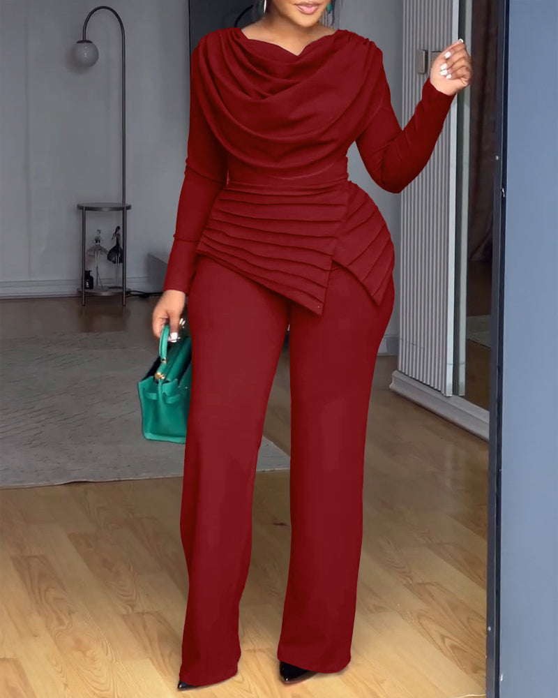 Cowl Neck Asymmetrical Textured Patchwork Cinched Waist Jumpsuit Casual Zipper Back Wide Leg Jumpsuit