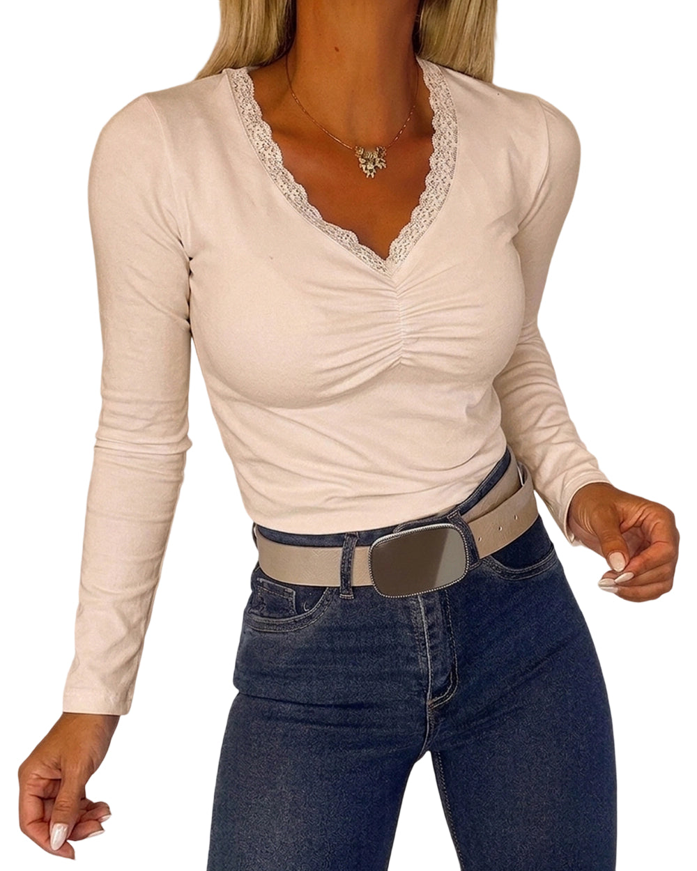 CHICMELIVE Women Lace Long Sleeve Top V Neck Fitted Shirts Fall Blouses