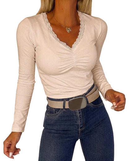 CHICMELIVE Women Lace Long Sleeve Top V Neck Fitted Shirts Fall Blouses