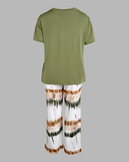 2 Pieces Outfit Letter print Round Neck Short Sleeve Top and Tie Dye Print Elastic Waist Loose Fit Pants Set Casual Pajamas Set