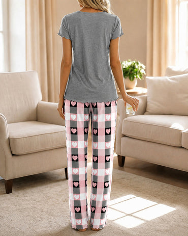Women's Frill Hem Two Piece Pajama Set Heart Slogan Short Sleeve Top and Plaid Straight Leg Pants Casual Lounge Set