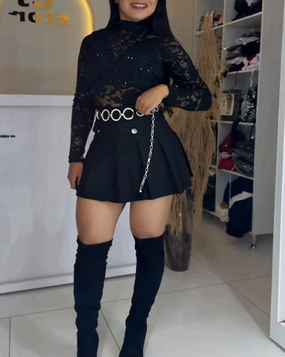 Women's High Waisted Pleated A Line Mini Skorts with Rhinestone Chain Belt
