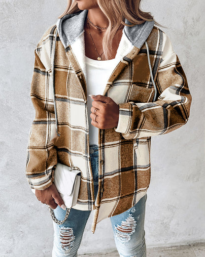 CHICMELIVE Womens Casual Jacket Plaid Hooded Fleece Lined Shacket