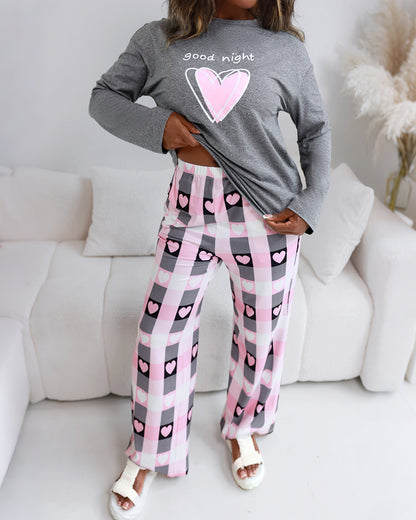 2 Pieces Outfit Letter and Heart Print Long Sleeve Top and Casual Plaid Pnats Sets with Pocket