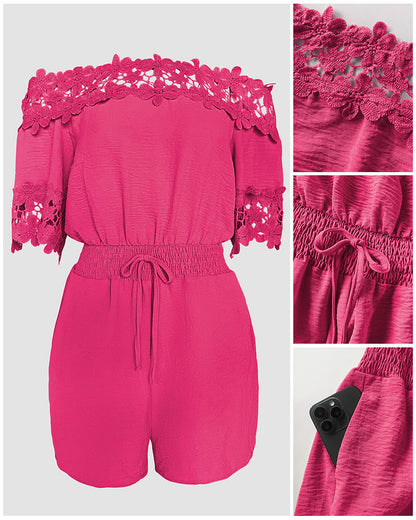 Women's Lace Off Shoulder Romper Shirred Waist Tied Detail Textured Short Jumpsuit with Pockets
