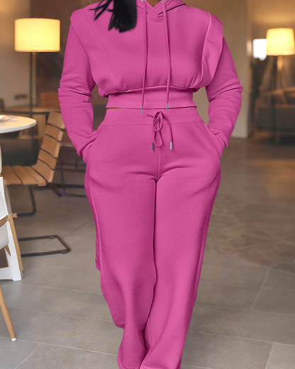 2-teiliges Outfit, langärmliges, kurzes Kapuzenpullover-Sweatshirt mit Kordelzug, Bündchen mit Daumenlöchern und lässigem Jogginghosen-Set mit Kordelzug und elastischer Taille mit weitem Bein 