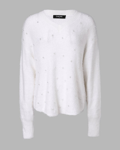 V-Neck Long Sleeve Beaded Decor Oversized Sweater Fluffy Pullover Top