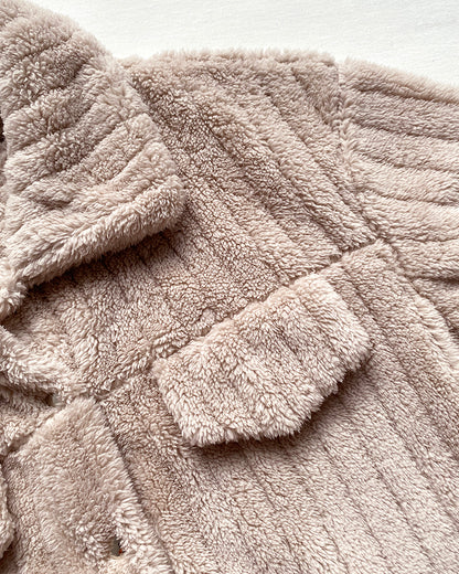 Textured Striped Turn-down Collar Button Front Elastic Cuff and Hem Teddy Fleece Jacket With Decorative Flap Pockets