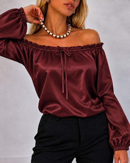 CHICMELIVE Off Shoulder Satin Tops Women Ruffle Tie Front Blouse