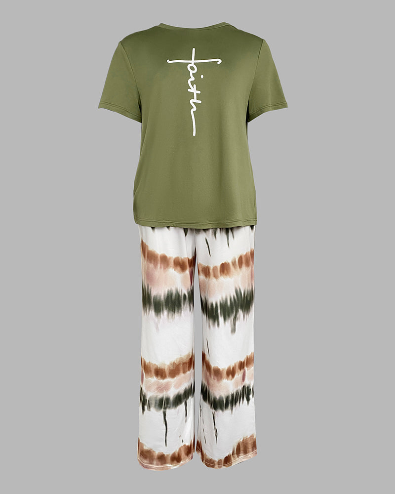 2 Pieces Outfit Letter print Round Neck Short Sleeve Top and Tie Dye Print Elastic Waist Loose Fit Pants Set Casual Pajamas Set