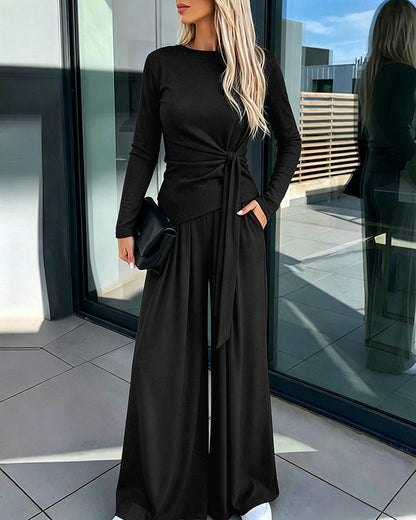 Women's 2 Piece Knit Lounge Set Long Sleeve Tie Waist Top and High Waisted Wide Leg Pants Casual Soft Sweatsuit with Pockets