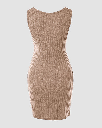 Pocket Design Ribbed Tank Dress Sleeveless Button Front Pullover Bodycon Mini Dresses
