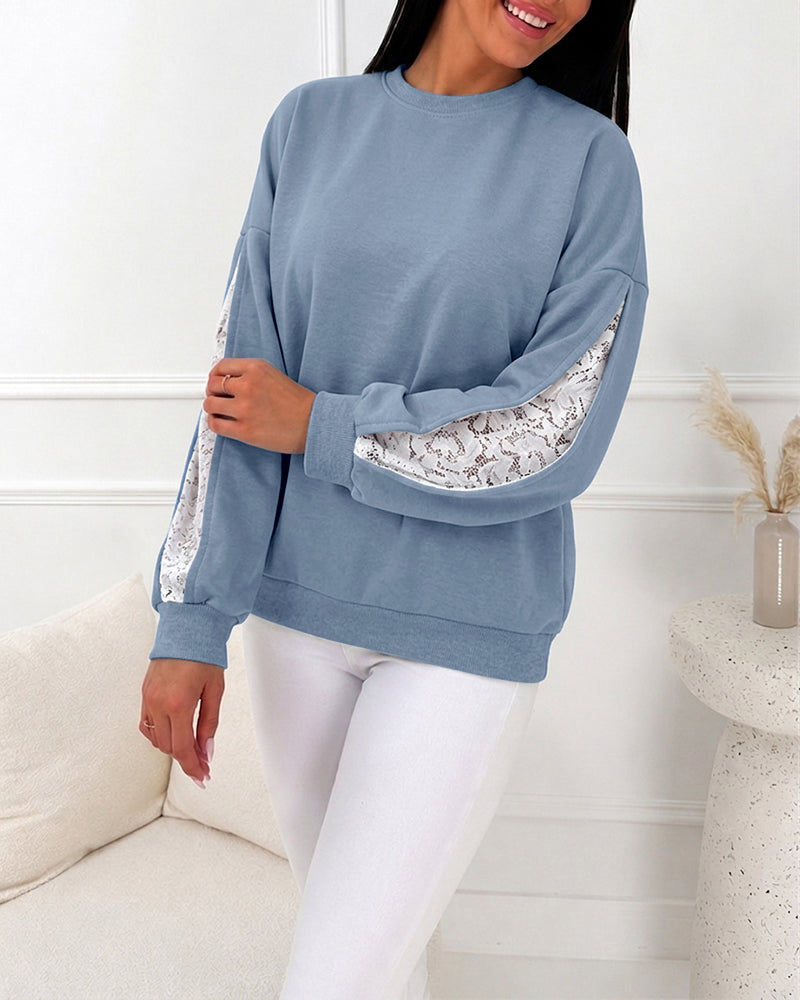 CHICMELIVE Oversized Sweatshirt for Women Lace Sleeve Cutout Fall Pullover